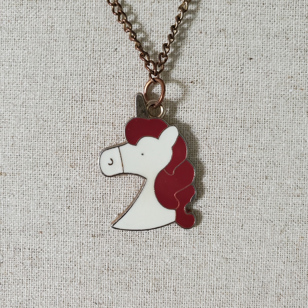 Red-Accented White Unicorn Pendant Necklace